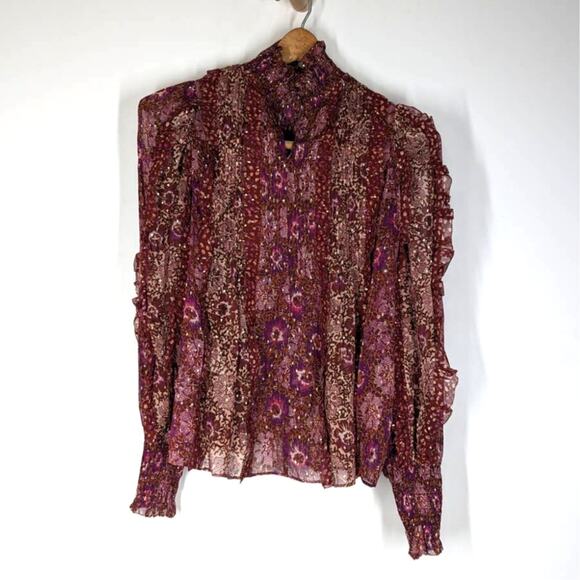 ULLA JOHNSON Elita Ruffle Long Sleeve Blouse Claret Patchwork Size 0 XS Preowned - Picture 6 of 15